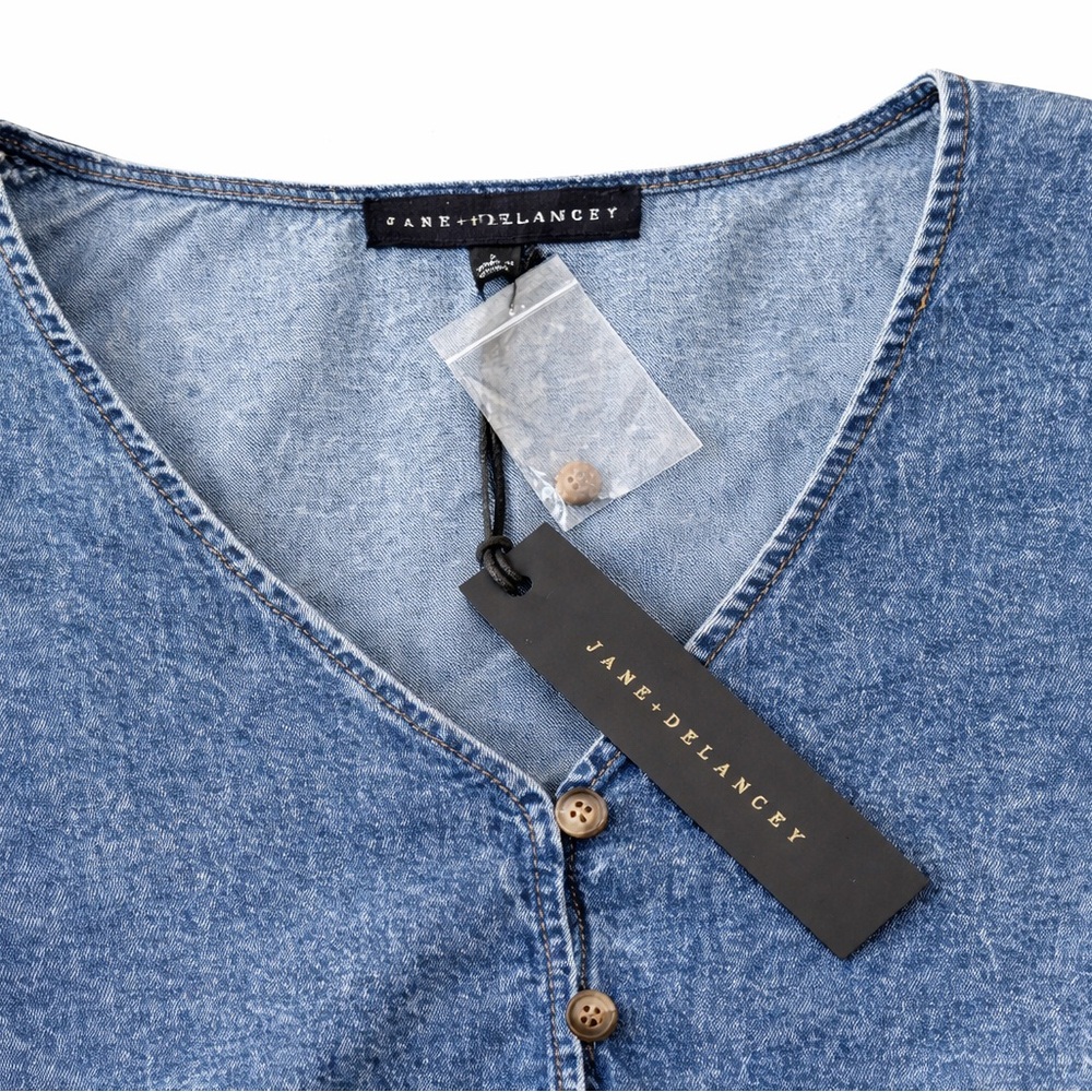 Jane + Delancey Denim Top Women’s Small Blue V-Neck Button Puff Sleeve Blouse - Picture 3 of 4